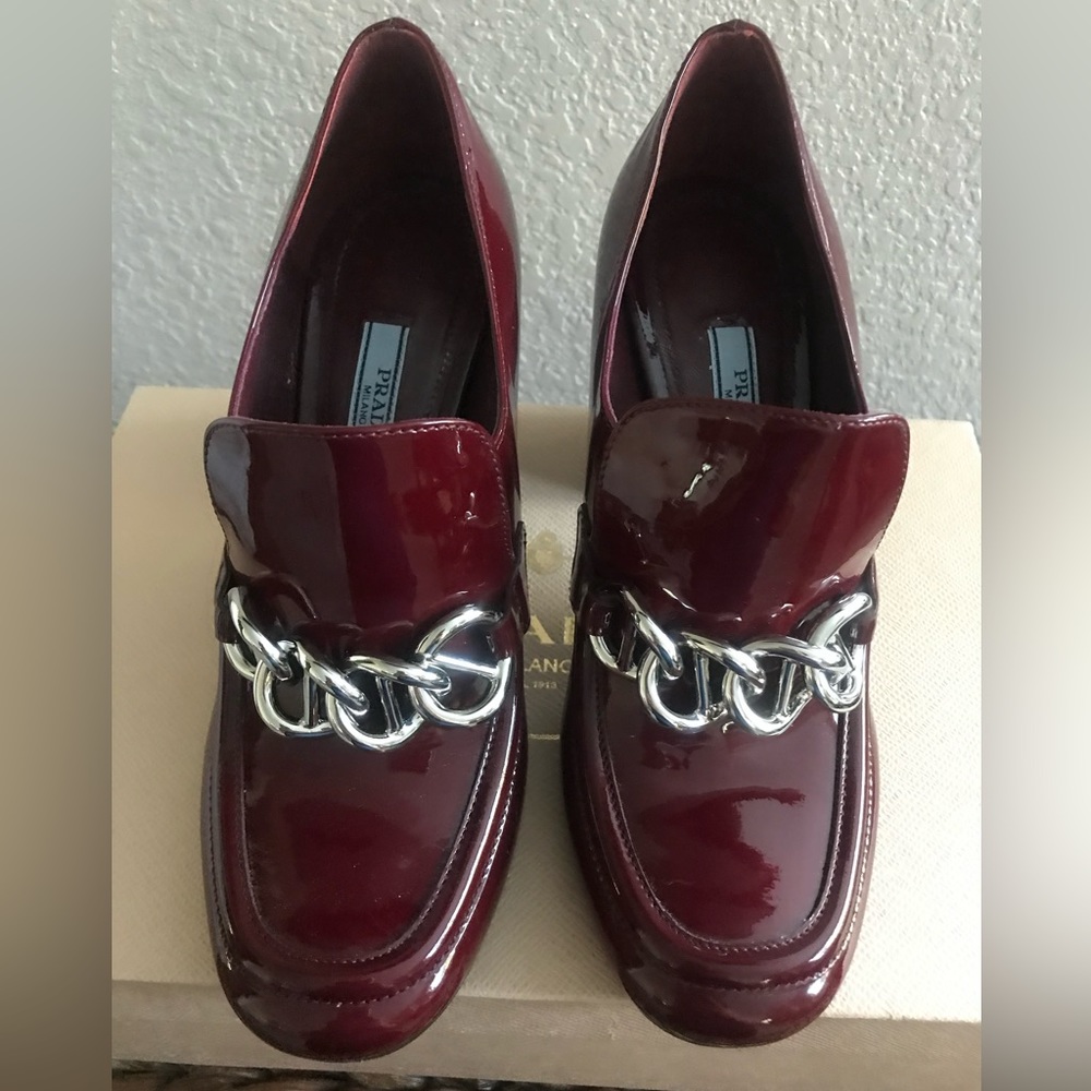 Burgundy Patent Chain-Accent Women's Block Heel Loafers - Picture 2 of 5
